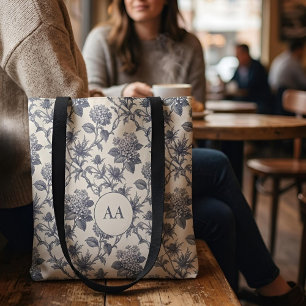 Botanical Toile Hydrangea & Sea Holly Custom Tote Bag