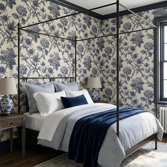 Botanical Toile | Hydrangea & Sea Holly Wallpaper (Bedroom)