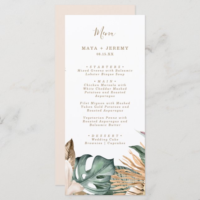 Botanical Tropical Floral Gold Mauve Wedding  Menu (Front/Back)