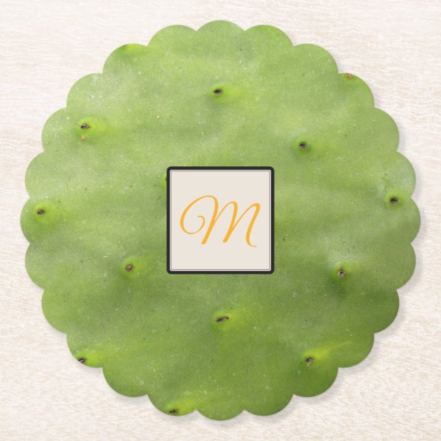 Botanical Tropical Green Cactus Photo Monogram Paper Coaster (Front)