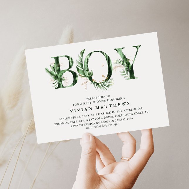 Botanical Tropical Green & Gold BOY Baby Shower Invitation (Creator Uploaded)