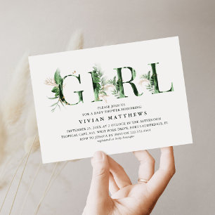 Botanical Tropical Green & Gold GIRL Baby Shower Invitation