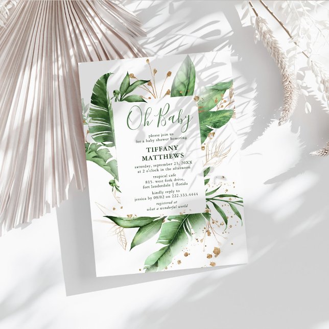 Botanical Tropical Leaf Frame & Gold Baby Shower Invitation (Creator Uploaded)