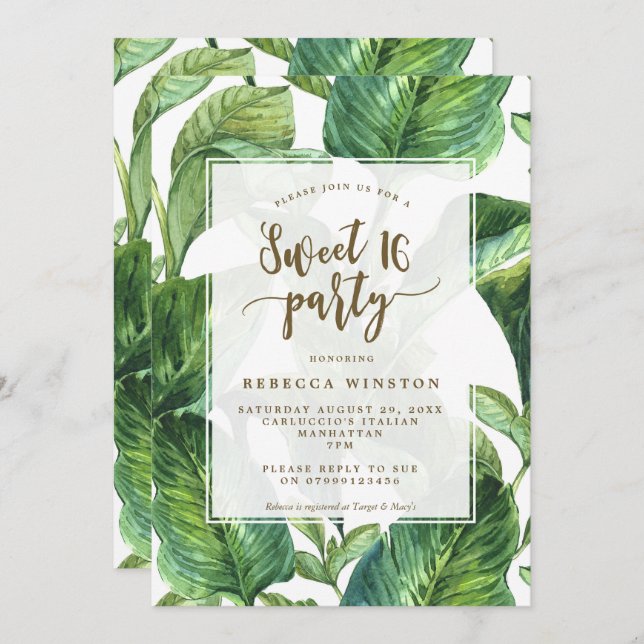 botanical tropical leaves sweet 16 party invite (Front/Back)