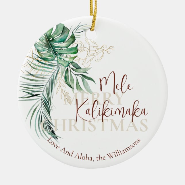 Botanical Tropical Mele Kalikimaka | Family Photo Ceramic Ornament (Front)