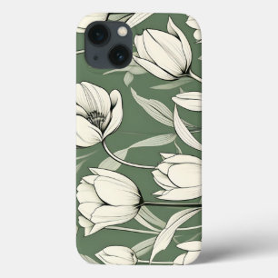 Botanical Tulip On Sage Green iPhone 13 Case