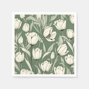 Botanical Tulip On Sage Green Napkin