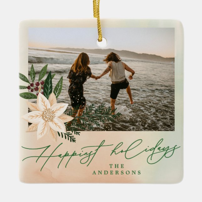 Botanical Two Couple Photo Holiday Custom Keepsake Ceramic Ornament (Front)