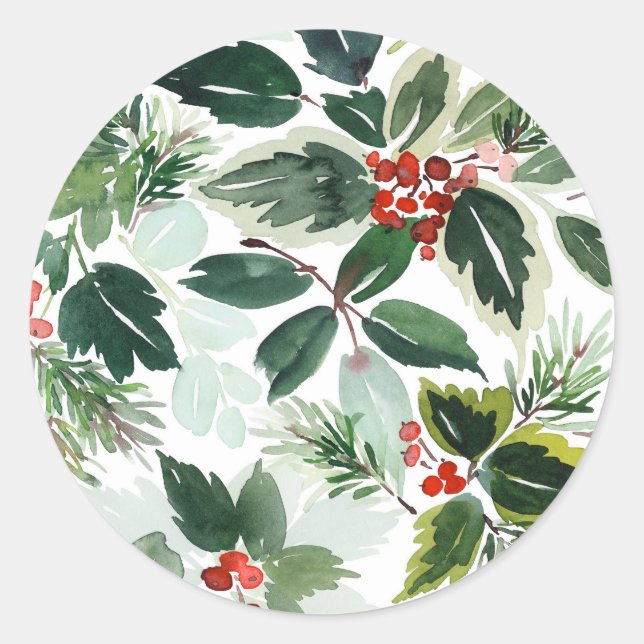 Botanical Variegated Winterberry Pattern Christmas Classic Round Sticker (Front)