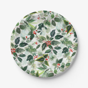 Botanical Variegated Winterberry Pattern Christmas Paper Plate