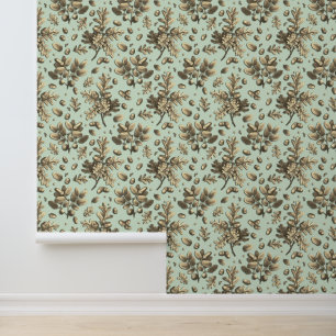 Botanical Vintage Brown Oak Leaves Acorns Sage Wallpaper