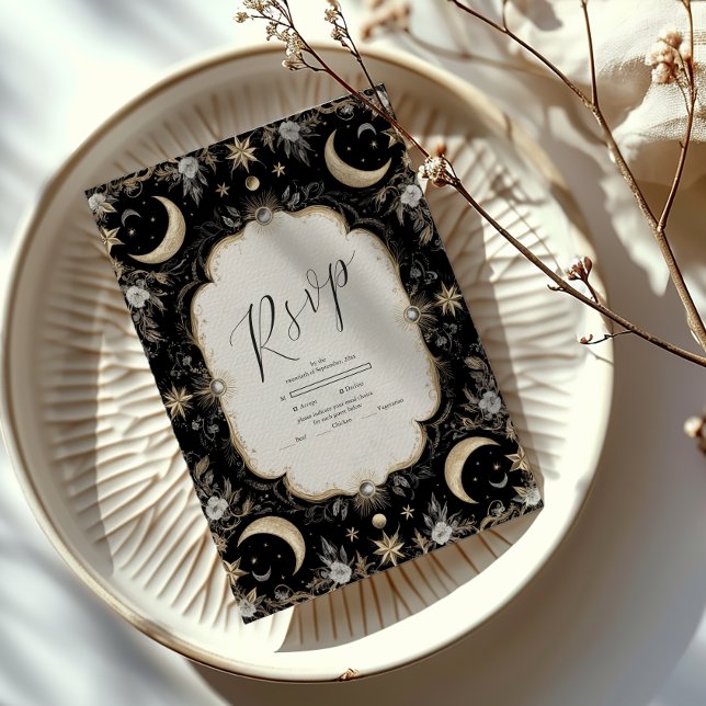 Botanical Vintage Celestial Moon Stars Wedding RSVP Card (Creator Uploaded)