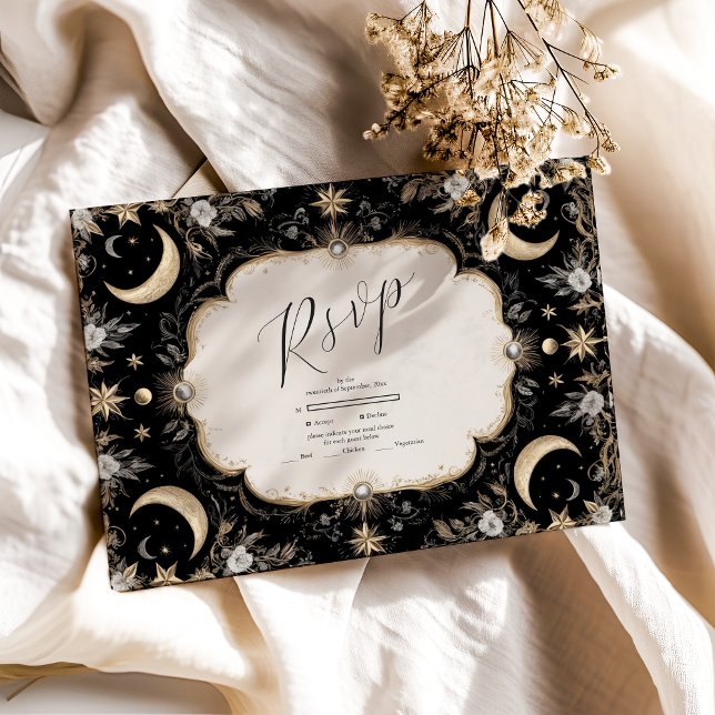 Botanical Vintage Celestial Moon Stars Wedding RSVP Card (Creator Uploaded)