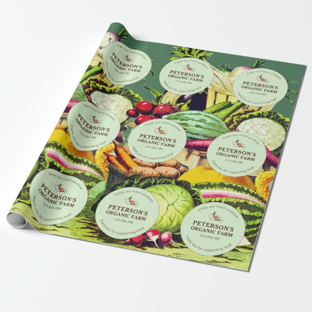 Botanical Vintage Vegetables Local Farmer Label Wrapping Paper (Unrolled)
