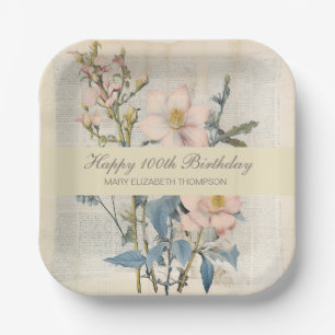 Botanical Vintaqe Wildflower 100th Birthday Paper Plate