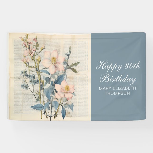  Botanical Vintaqe Wildflower 80th Birthday Banner (Horizontal)