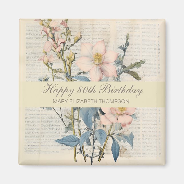  Botanical Vintaqe Wildflower 80th Birthday Magnet (Front)
