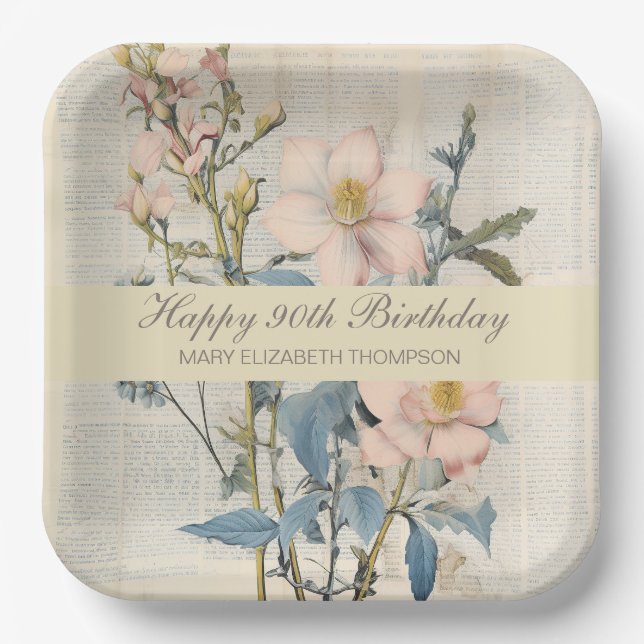  Botanical Vintaqe Wildflower 90th Birthday Paper Plate (Front)