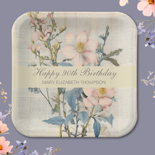  Botanical Vintaqe Wildflower 90th Birthday Paper Plate