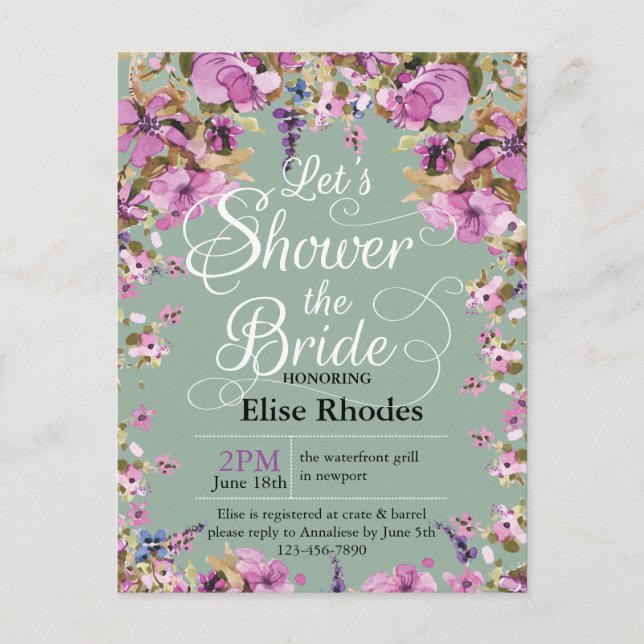 Botanical violet floral frame minty Bridal shower Invitation Postcard (Front)