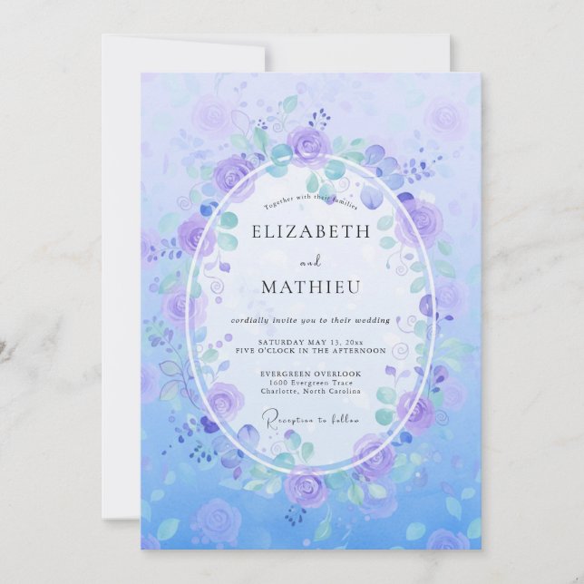 Botanical Violet Periwinkle Wreath Wedding Invitation (Front)
