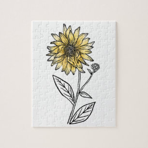 Botanical watercolor aesthetic line art sunflower  jigsaw puzzle