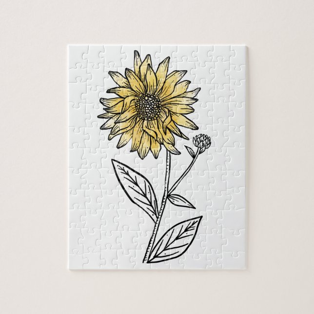 Botanical watercolor aesthetic line art sunflower  jigsaw puzzle (Vertical)