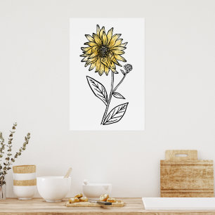 Botanical watercolor aesthetic line art sunflower  poster