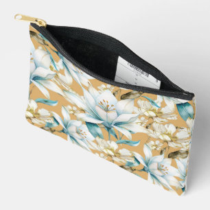 Botanical watercolor blue white gold lily floral accessory pouch