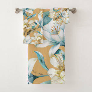 Botanical watercolor blue white gold lily floral bath towel set