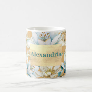 Botanical watercolor blue white gold lily floral coffee mug