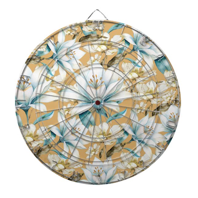 Botanical watercolor blue white gold lily floral dartboard (Front)