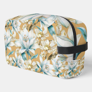 Botanical watercolor blue white gold lily floral dopp kit