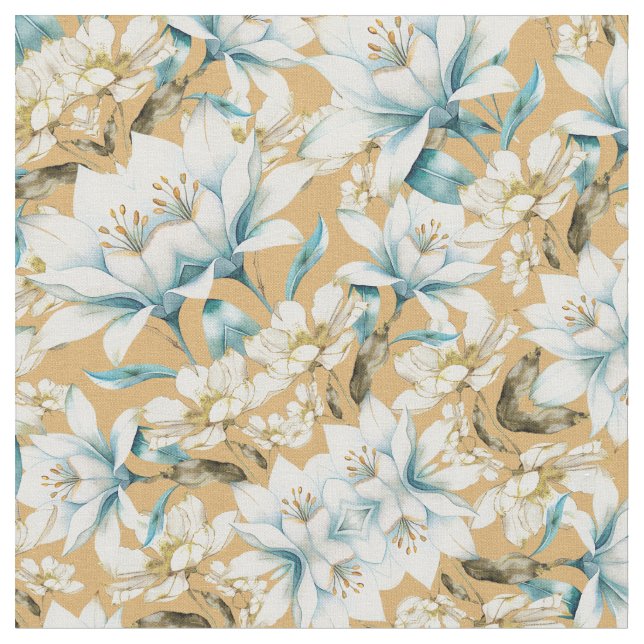  Botanical watercolor blue white gold lily floral Fabric (Close Up)