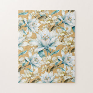 Botanical watercolor blue white gold lily floral jigsaw puzzle