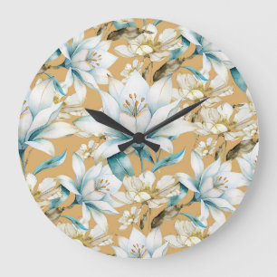 Botanical watercolor blue white gold lily floral large clock