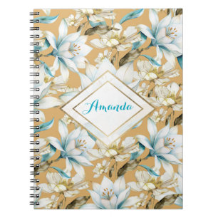 Botanical watercolor blue white gold lily floral notebook