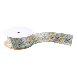 Botanical watercolor blue white gold lily floral satin ribbon
