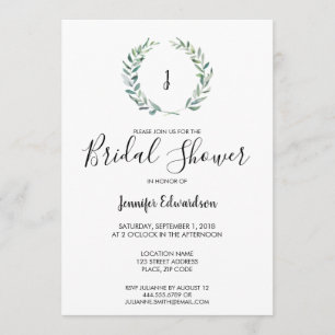 Botanical watercolor branch monogram Bridal Shower Invitation