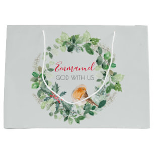 Botanical Watercolor Christmas Wreath God With Us Large Gift Bag