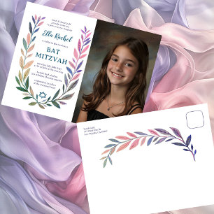 Botanical Watercolor CUSTOM PHOTO Bat Bar Mitzvah Postcard