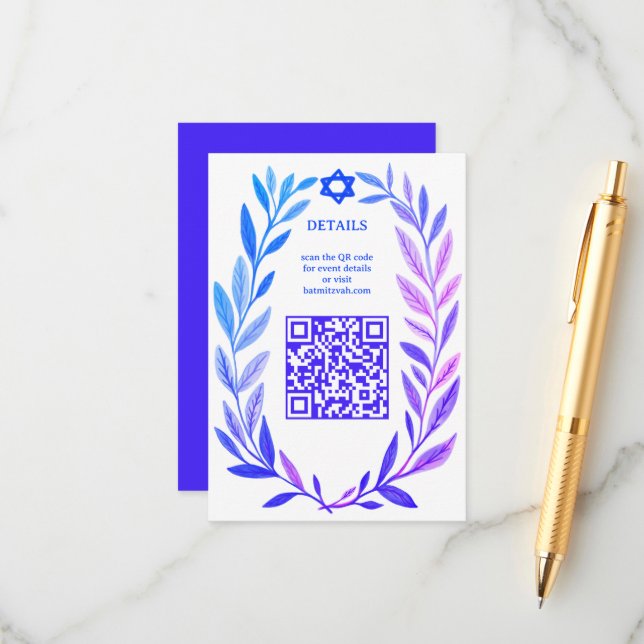 Botanical Watercolor CUSTOM QR Bar Bat Mitzvah Enclosure Card (Front/Back In Situ)
