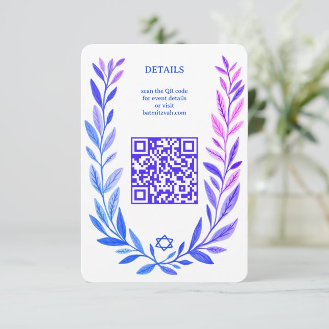Botanical Watercolor CUSTOM QR Bar Bat Mitzvah Enclosure Card (Standing Front)