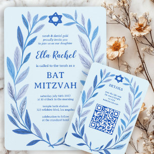 Botanical Watercolor CUSTOM QR Bar Bat Mitzvah Enclosure Card