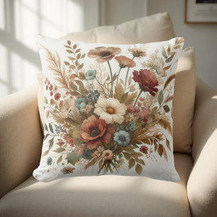 Botanical Watercolor Earthy Autumn Florals  Cushion