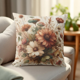 Botanical Watercolor Earthy Autumn Florals  Cushion