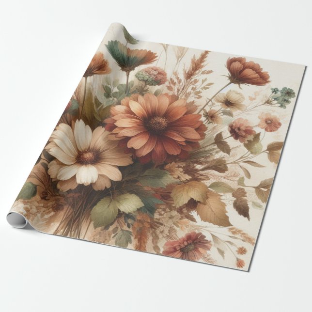 Botanical Watercolor Elegant Autumn Florals  Wrapping Paper (Unrolled)