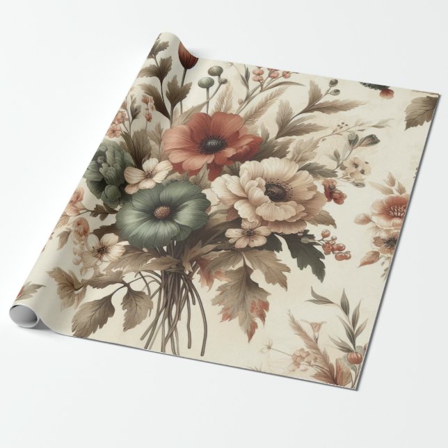 Botanical Watercolor Elegant Autumn Florals  Wrapping Paper (Unrolled)