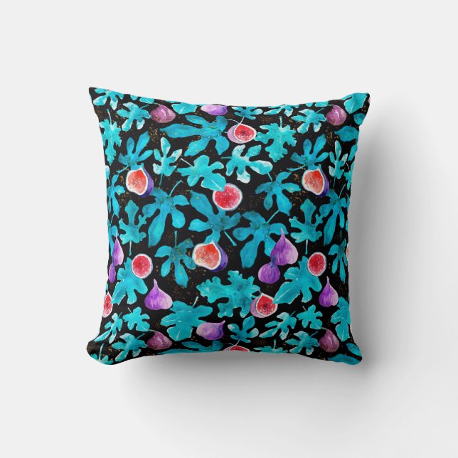 Botanical Watercolor Figs Fruit Leaves Pattern Cushion (Front)