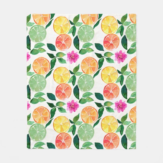 Botanical Watercolor Floral Citrus Fruit Fleece Blanket (Front)
